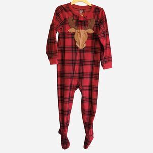 Carter's Toddler Size 3T Red Black Plaid Moose Fleece Zip Up Footed Pajamas
